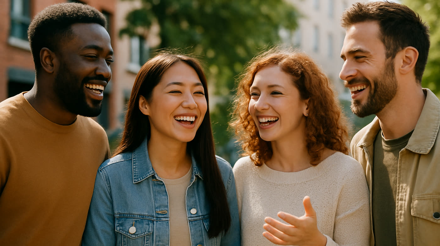 Four friends outdoors, laughing together mid-conversation
