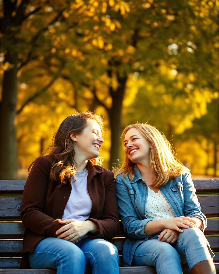 Two friends laughing together on a park bench